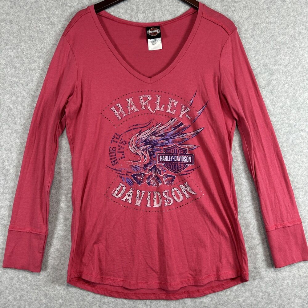 VTG Harley-Davidson Women's Loud Skull Wings Long Sleeve V-Neck Shirt  Size XL